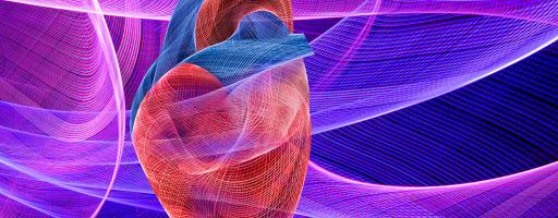 Energy patterns create a human heart against a backdrop of energy fields in a photograph about heart issues, coronary research and energy fields in medicine.