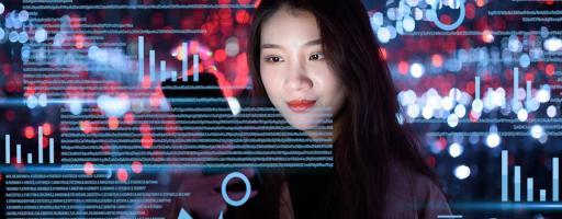 woman uses mobile phone against digital background
