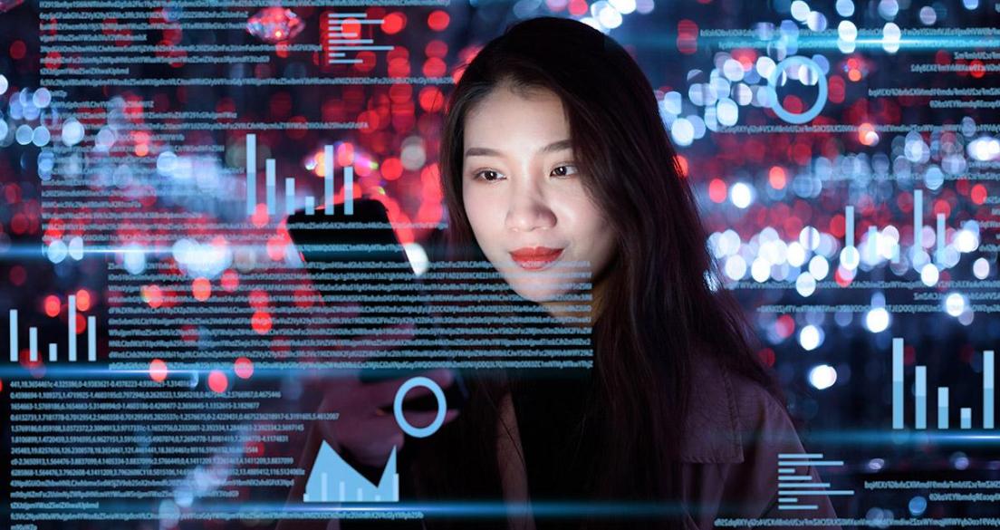 woman uses mobile phone against digital background